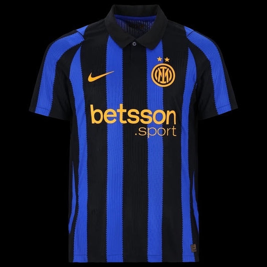 Kitted Up Inter Milan 2026/2027 kids home jersey featuring black and blue vertical stripes and a polo collar.