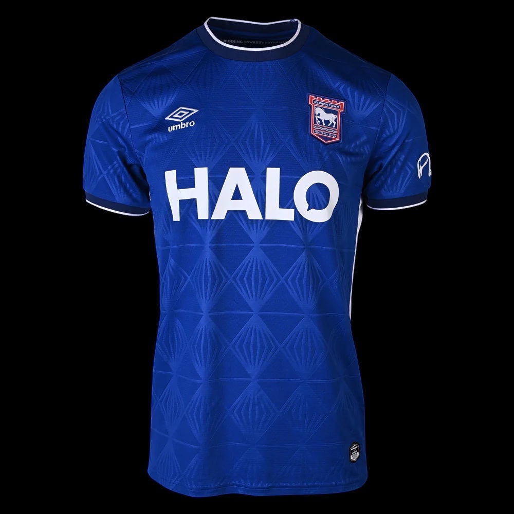 Kitted Up Ipswich Town 2026/2027 kids home football shirt in blue with white HALO sponsor and Umbro logo