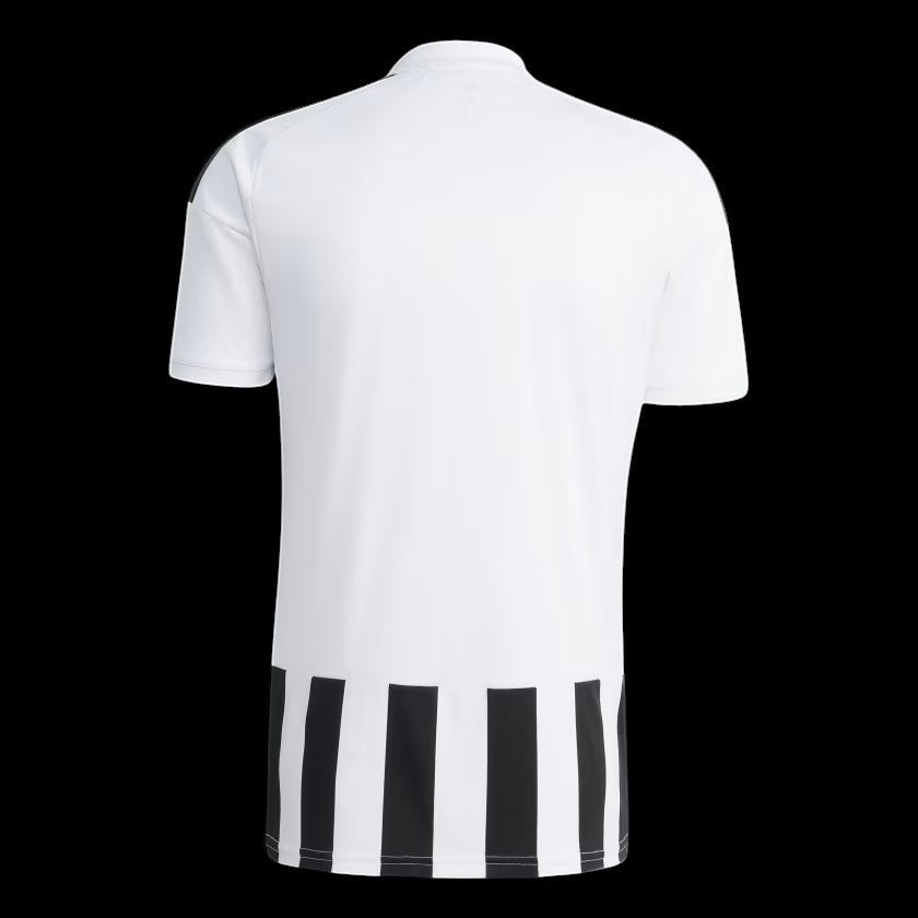 Back view of the Kitted Up Juventus 2026/2027 home jersey featuring a white upper and black and white striped hem.