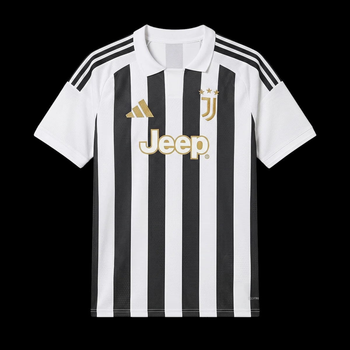 Kitted Up Juventus 2026/2027 kids home jersey featuring iconic black and white stripes with gold logo and collar