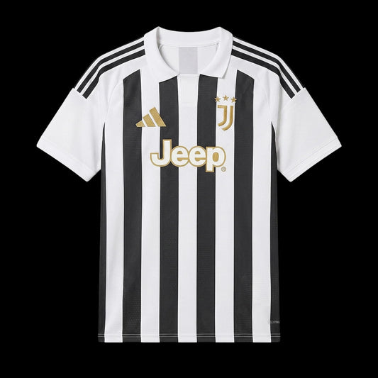 Kitted Up Juventus 2026/2027 kids home jersey featuring iconic black and white stripes with gold logo and collar
