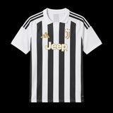 Kitted Up Juventus 2026/2027 kids home jersey featuring iconic black and white stripes with gold logo and collar