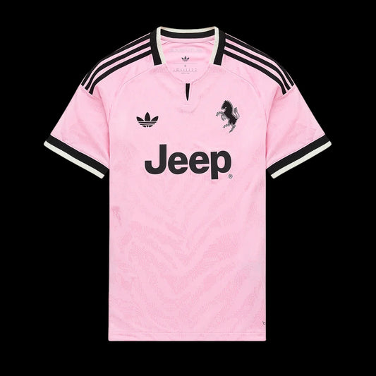 Kitted Up Juventus 2026/2027 kids away jersey in light pink with black Jeep logo, Adidas branding, and zebra pattern.