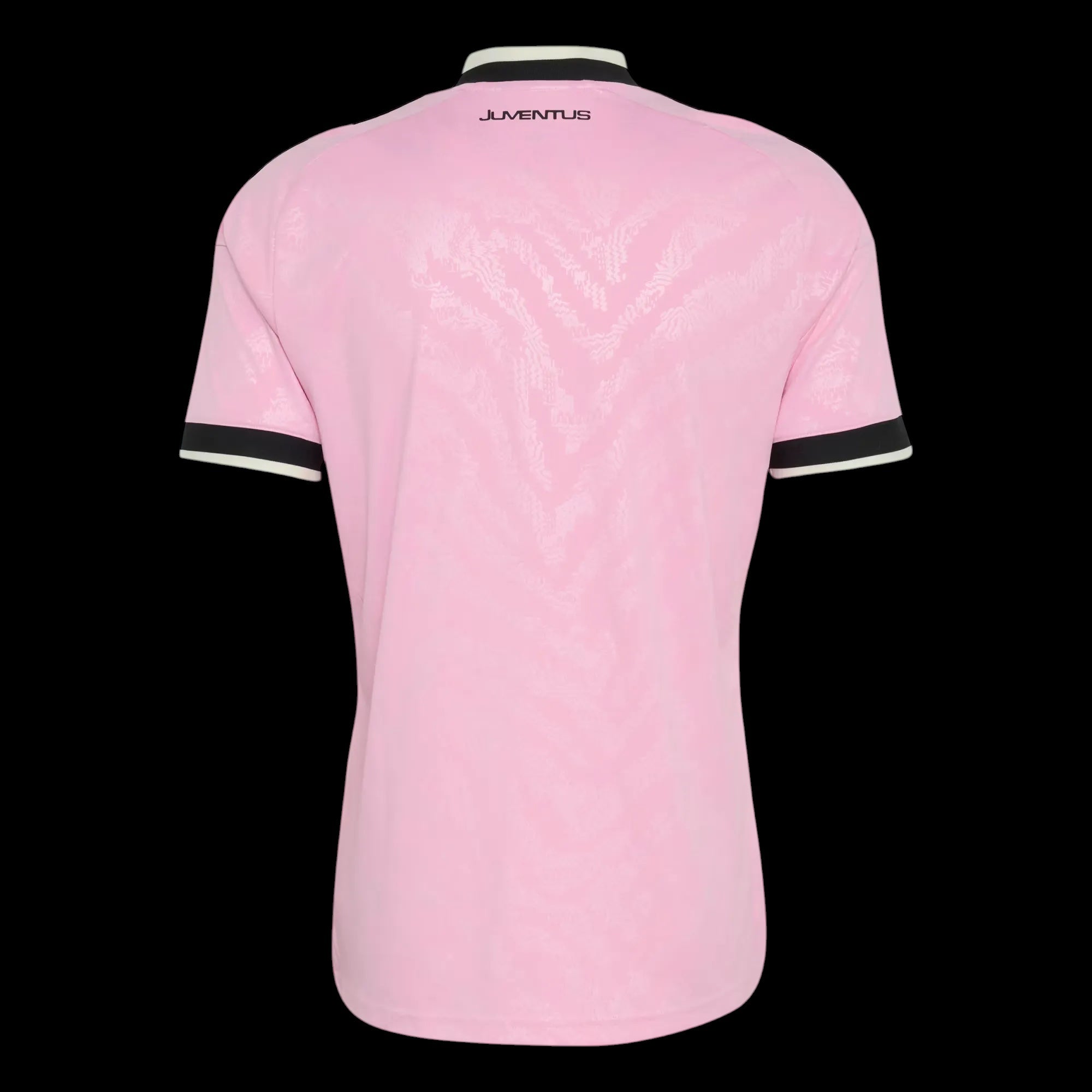 Back view of Kitted Up Juventus 2026/2027 kids away jersey in light pink with black collar and sleeve trim details.
