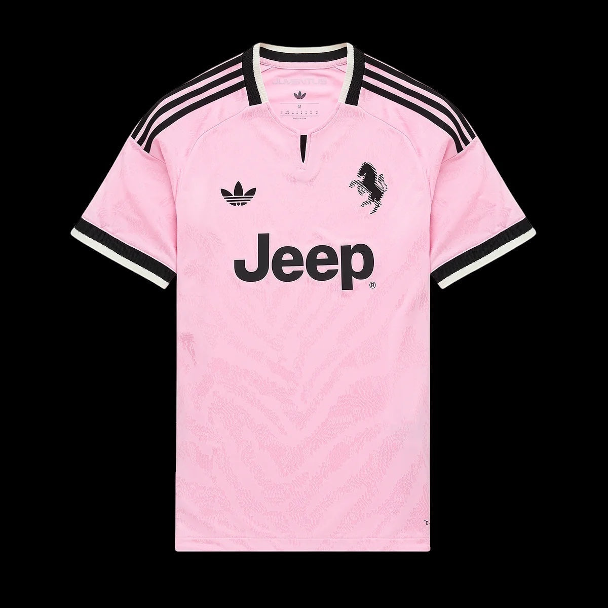 Kitted Up Juventus 2026/2027 away football jersey in light pink with black Jeep logo and iconic club crest details.