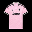 Kitted Up Juventus 2026/2027 away football jersey in light pink with black Jeep logo and iconic club crest details.