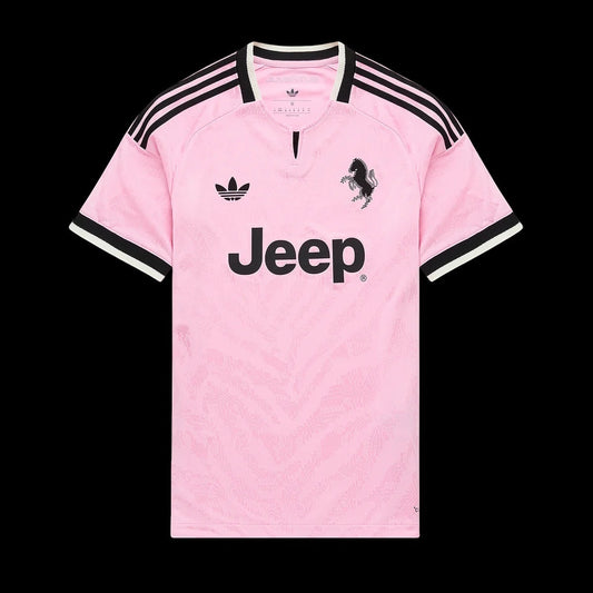 Kitted Up Juventus 2026/2027 away football jersey in light pink with black Jeep logo and iconic club crest details.