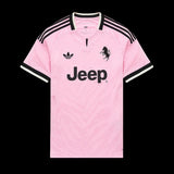 Kitted Up Juventus 2026/2027 away football jersey in light pink with black Jeep logo and iconic club crest details.