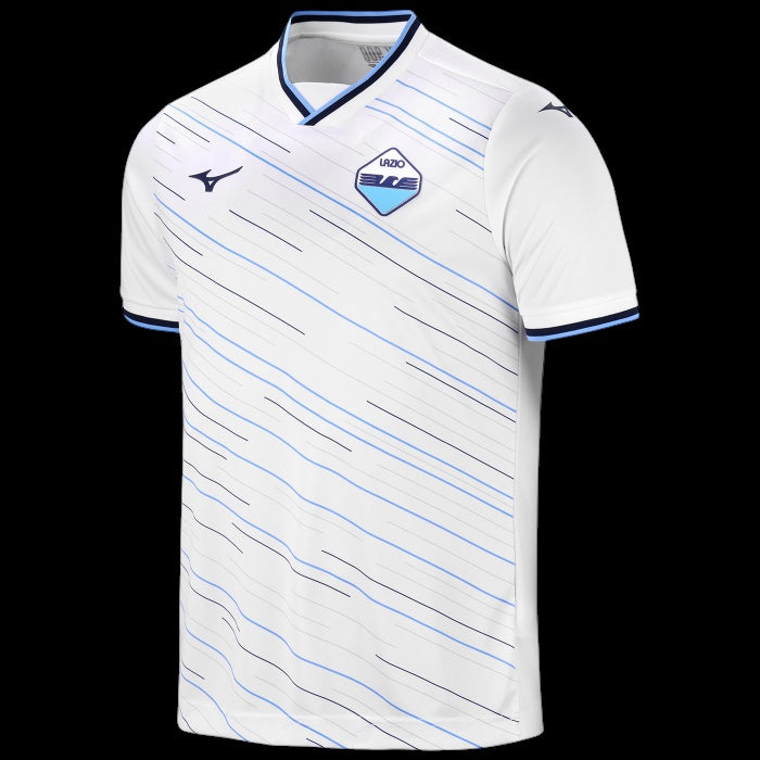 Kitted Up Lazio 2026/2027 kids away football jersey in white with blue and black diagonal line pattern