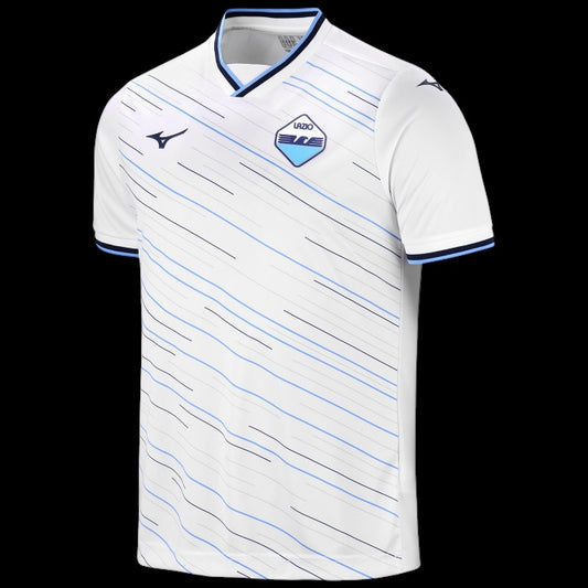 Kitted Up Lazio 2026/2027 kids away football jersey in white with blue and black diagonal line pattern