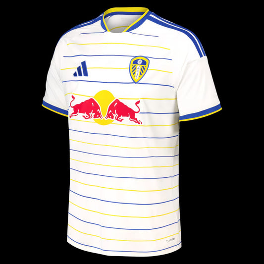 Kitted Up Leeds 2026/2027 home football jersey in white with blue and yellow horizontal stripes and team crest.