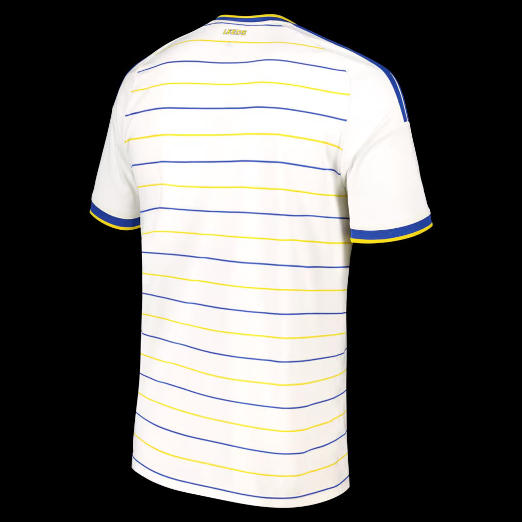 Back view of Kitted Up Leeds 2026/2027 adult home football jersey in white with blue and yellow horizontal stripes