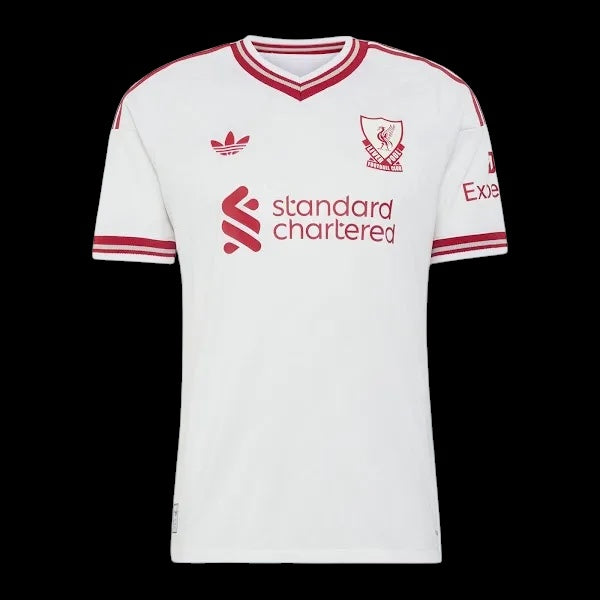 Kitted Up Liverpool 2026/2027 away football jersey in white with red trim, V-neck collar, and club crest.