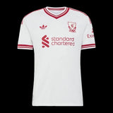 Kitted Up Liverpool 2026/2027 away football jersey in white with red trim, V-neck collar, and club crest.