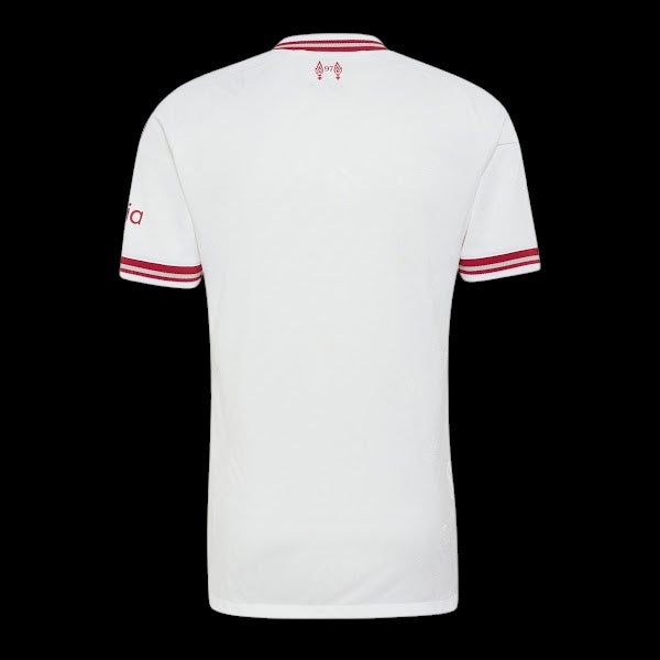 Back view of Kitted Up Liverpool 2026/2027 kids away jersey in white with red trim and 97 emblem on the collar