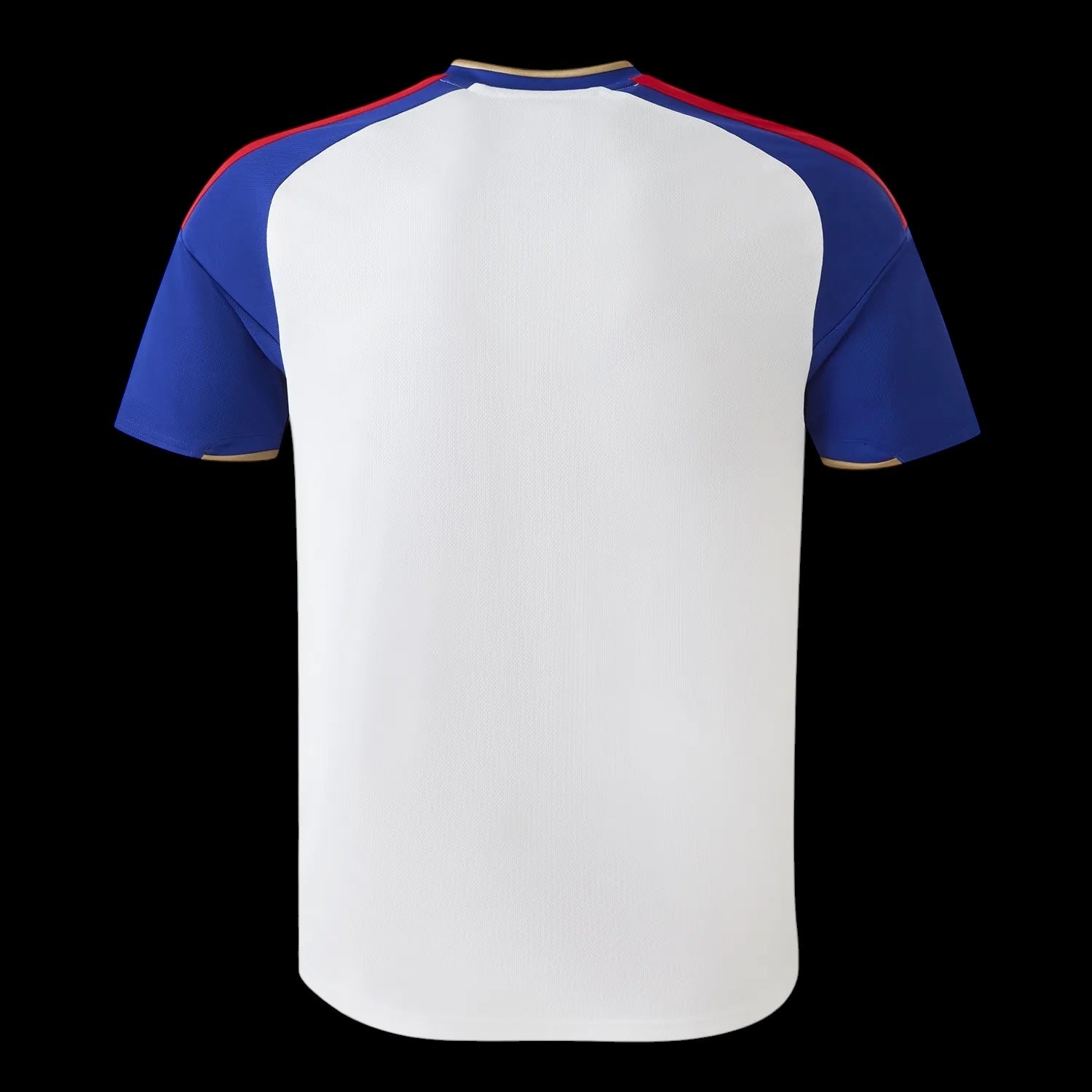 Back view of Kitted Up Lyon 2026/2027 kids home football jersey in white with blue sleeves and red shoulder stripes.
