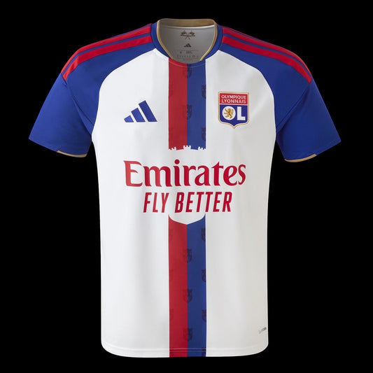 Kitted Up Lyon 2026/2027 kids home jersey in white with blue sleeves and a red and blue vertical chest stripe.
