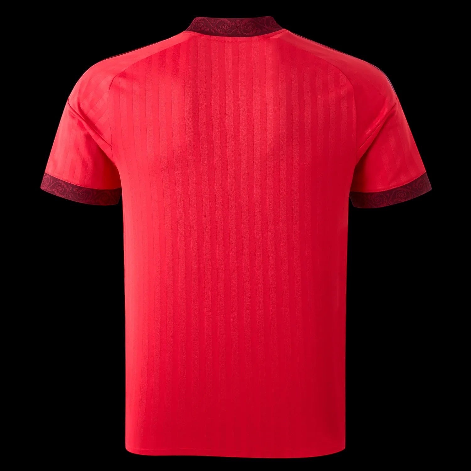 Back view of the red Kitted Up Lyon 2026/2027 away football jersey with patterned collar and sleeve cuffs.