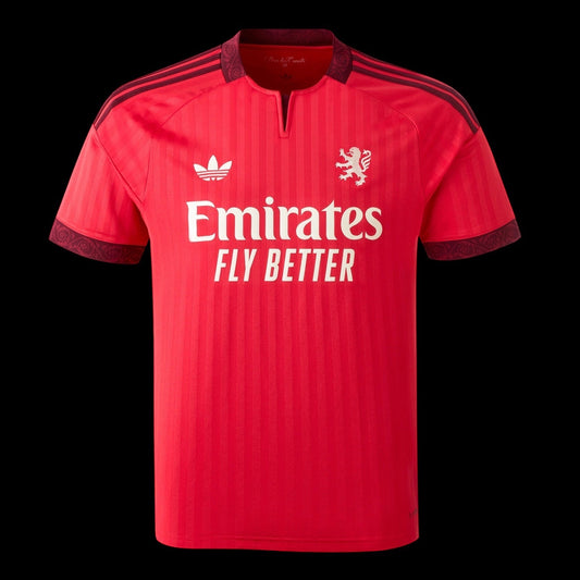 Kitted Up Lyon 2026/2027 away football jersey in red with subtle vertical stripes and dark red patterned trim.