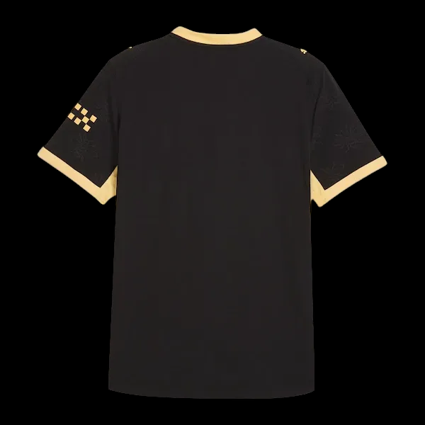Back view of Kitted Up Manchester City 2026/2027 away football jersey in black with yellow trim and sleeve details.