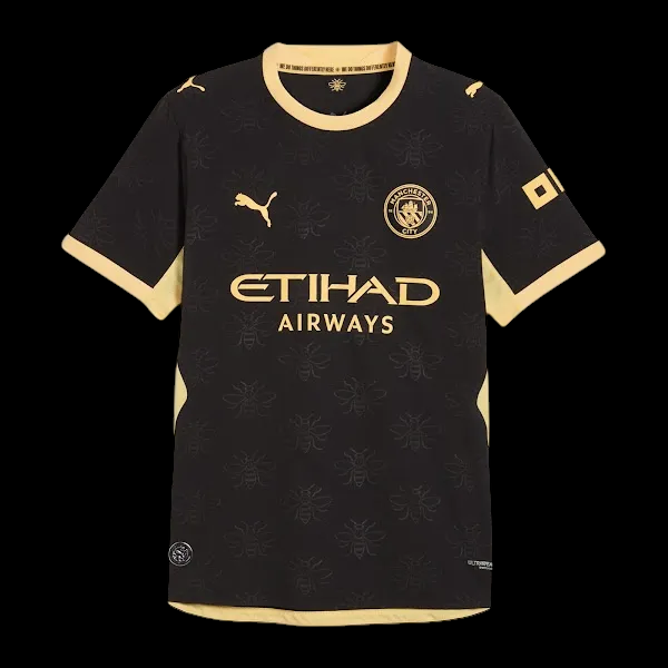 Kitted Up Manchester City 2026/2027 away jersey in black with gold accents and a subtle bee pattern
