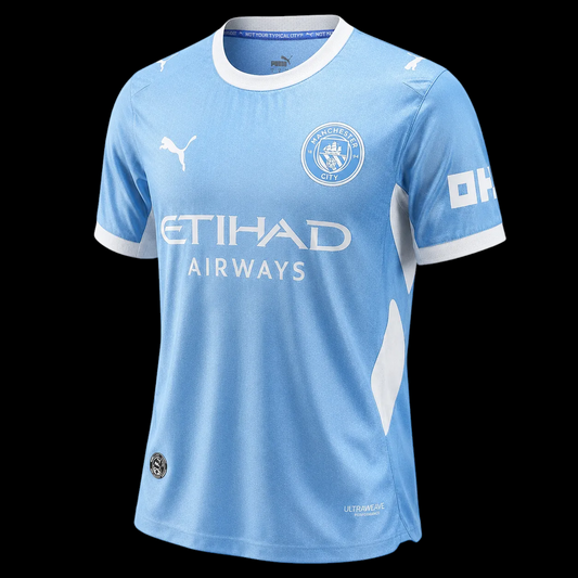 Kitted Up Manchester City 2026/2027 home jersey in iconic sky blue with white trim and official team branding.