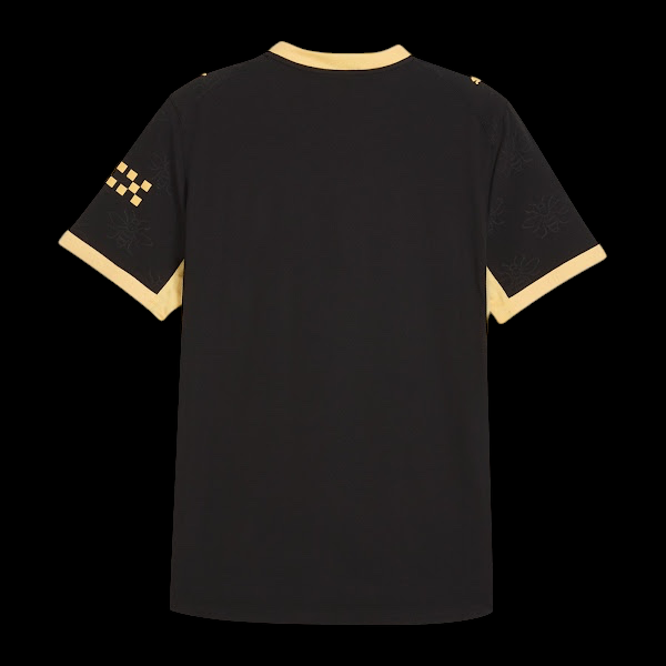 Back view of Kitted Up Manchester City 2026/2027 kids away jersey in black with gold trim and subtle bee patterns.