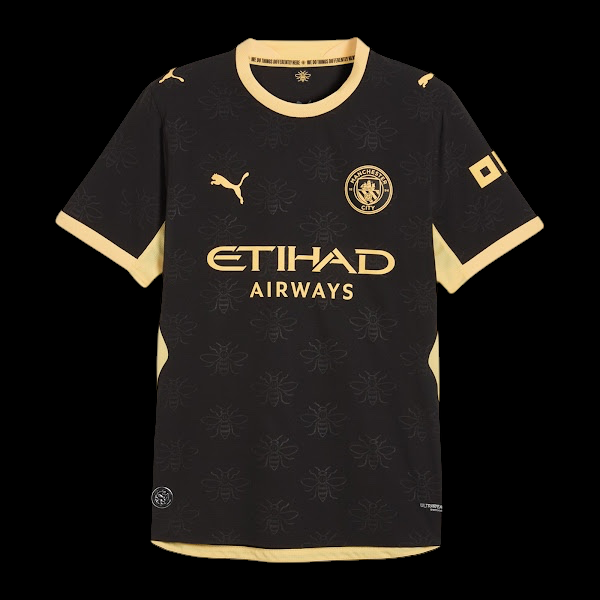 Kitted Up Manchester City 2026/2027 kids away jersey in black with gold bee pattern and team branding