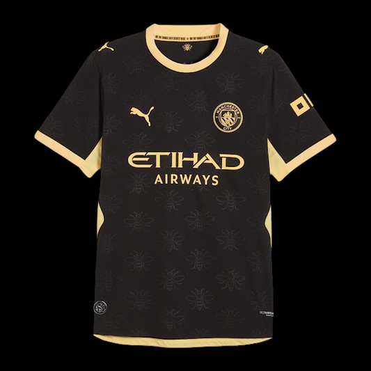 Kitted Up Manchester City 2026/2027 kids away jersey in black with gold bee pattern and team branding