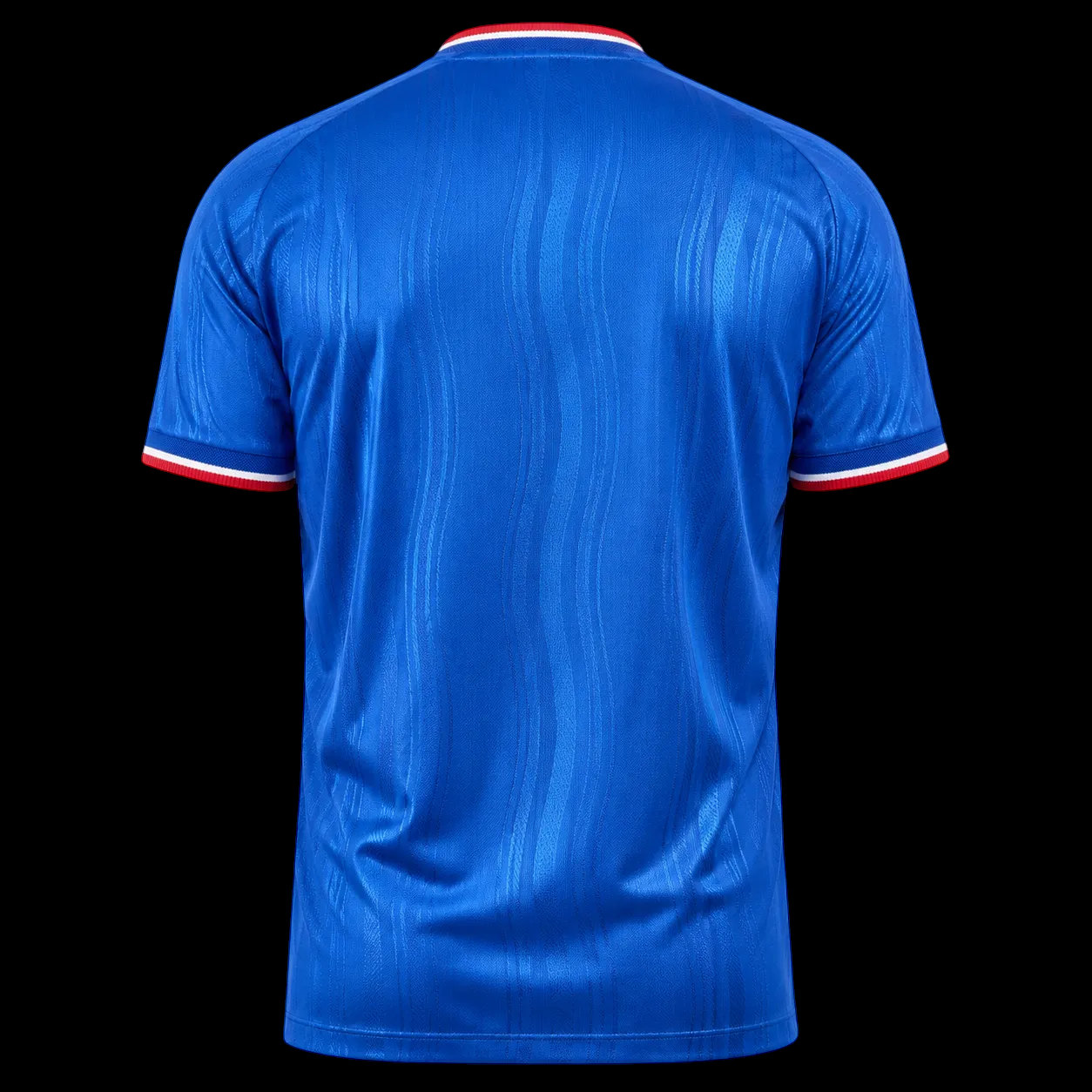 Back view of Kitted Up Manchester United 2026/2027 away jersey in blue with red and white sleeve trim details.