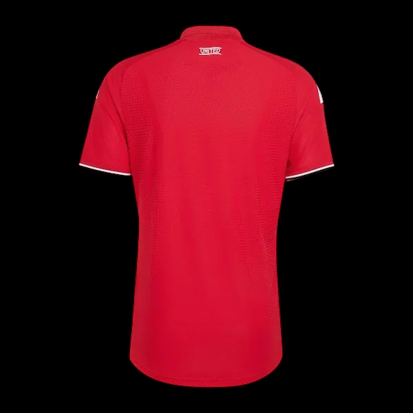 Back view of the red Kitted Up Manchester United 2026/2027 home jersey with white trim and United neck detail