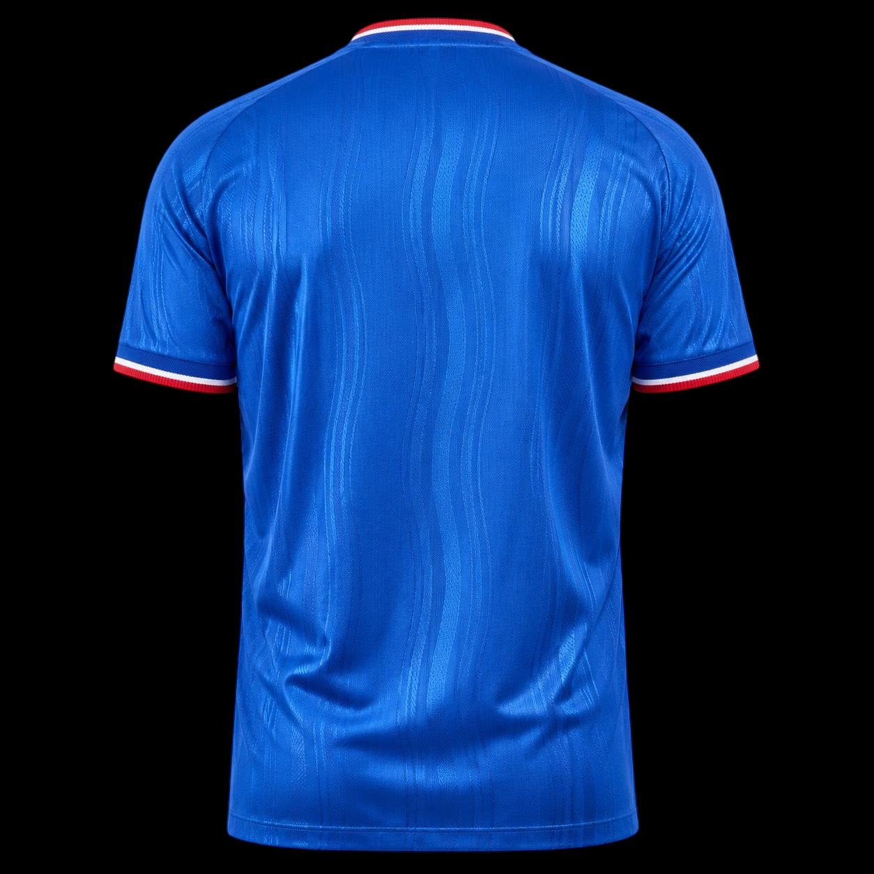 Kitted Up Manchester United 2026/2027 kids away jersey in blue with red and white striped trim, back view.