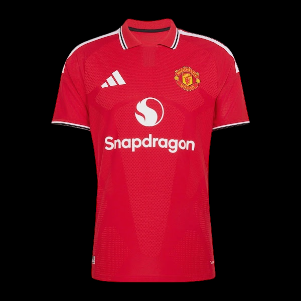 Kitted Up Manchester United 2026/2027 kids home jersey in red with white collar trim and Snapdragon sponsor logo
