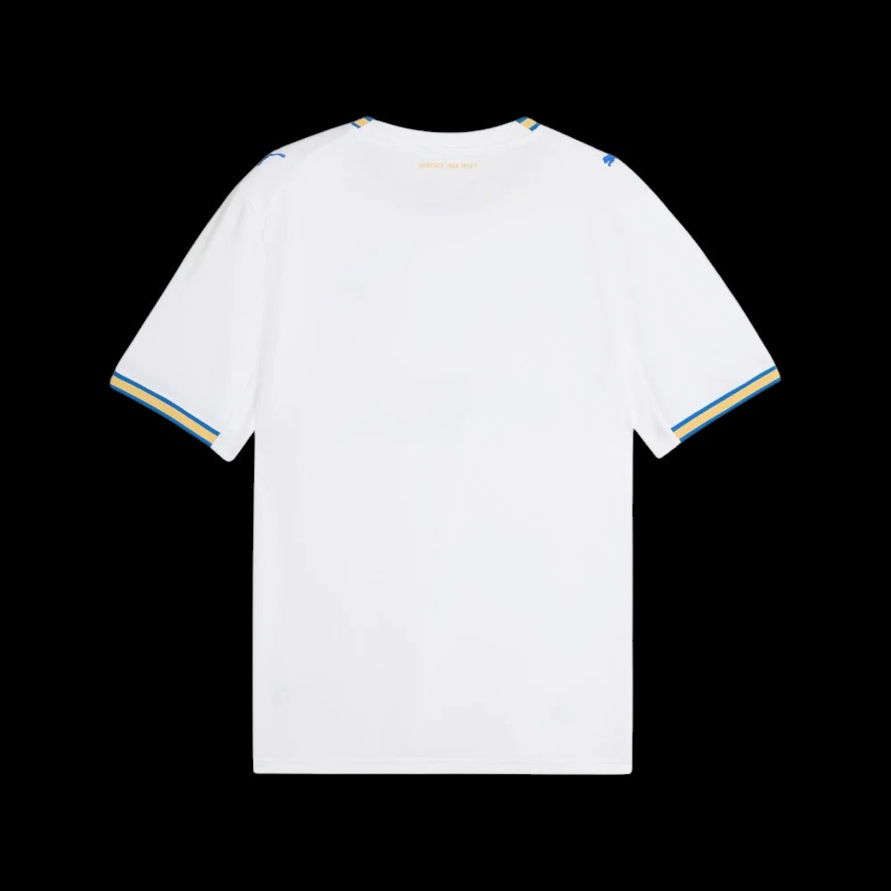 Back view of Kitted Up Marseille 2026/2027 kids home jersey in white with blue and yellow sleeve trim details.