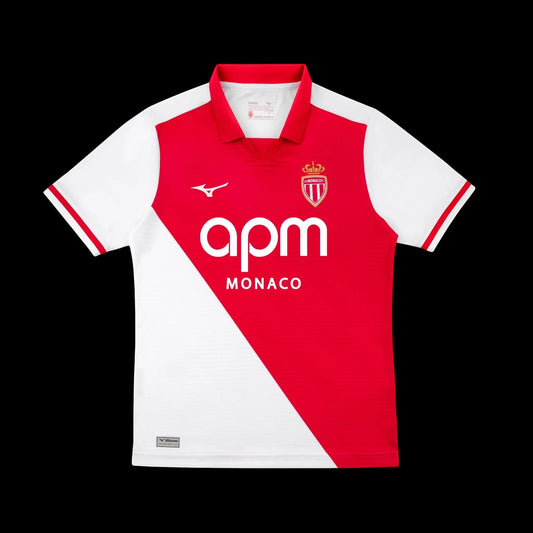 Kitted Up Monaco 2026/2027 home football jersey featuring the iconic red and white diagonal design and polo collar.