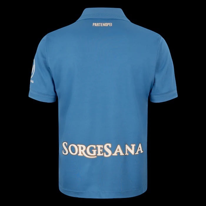 Back view of the blue Kitted Up Napoli 2026/2027 home kit jersey featuring Partenopei text and Sorgesana sponsor logo.