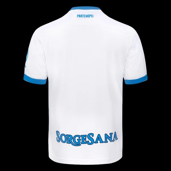 Back view of Kitted Up Napoli 2026/2027 kids away jersey in white with blue trim and Sorgesana sponsor logo