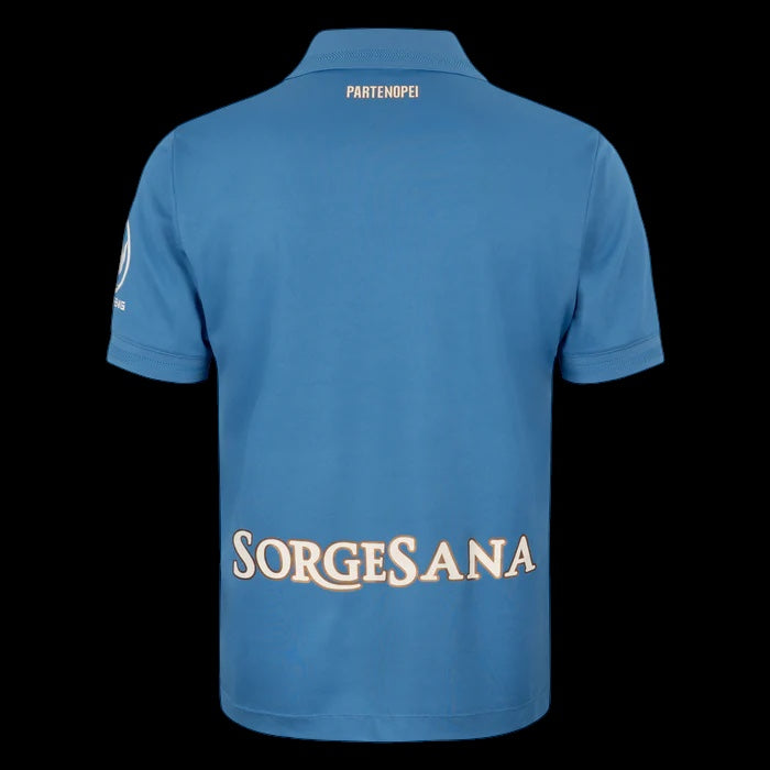 Back view of Kitted Up Napoli 2026/2027 kids home football jersey in blue with white sponsor and Partenopei text