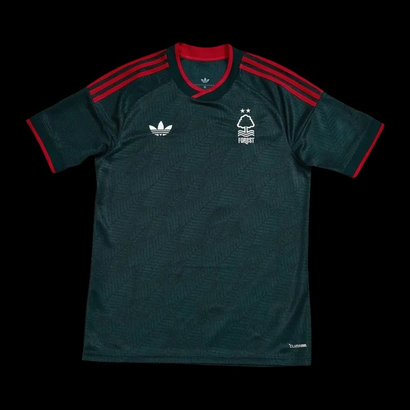 Kitted Up Nottingham Forest 2026/2027 away football jersey in dark green with red accents and white logos.