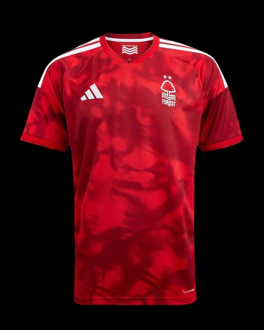 Kitted Up Nottingham Forest 2026/2027 adult home football jersey in red with white shoulder stripes and club crest.