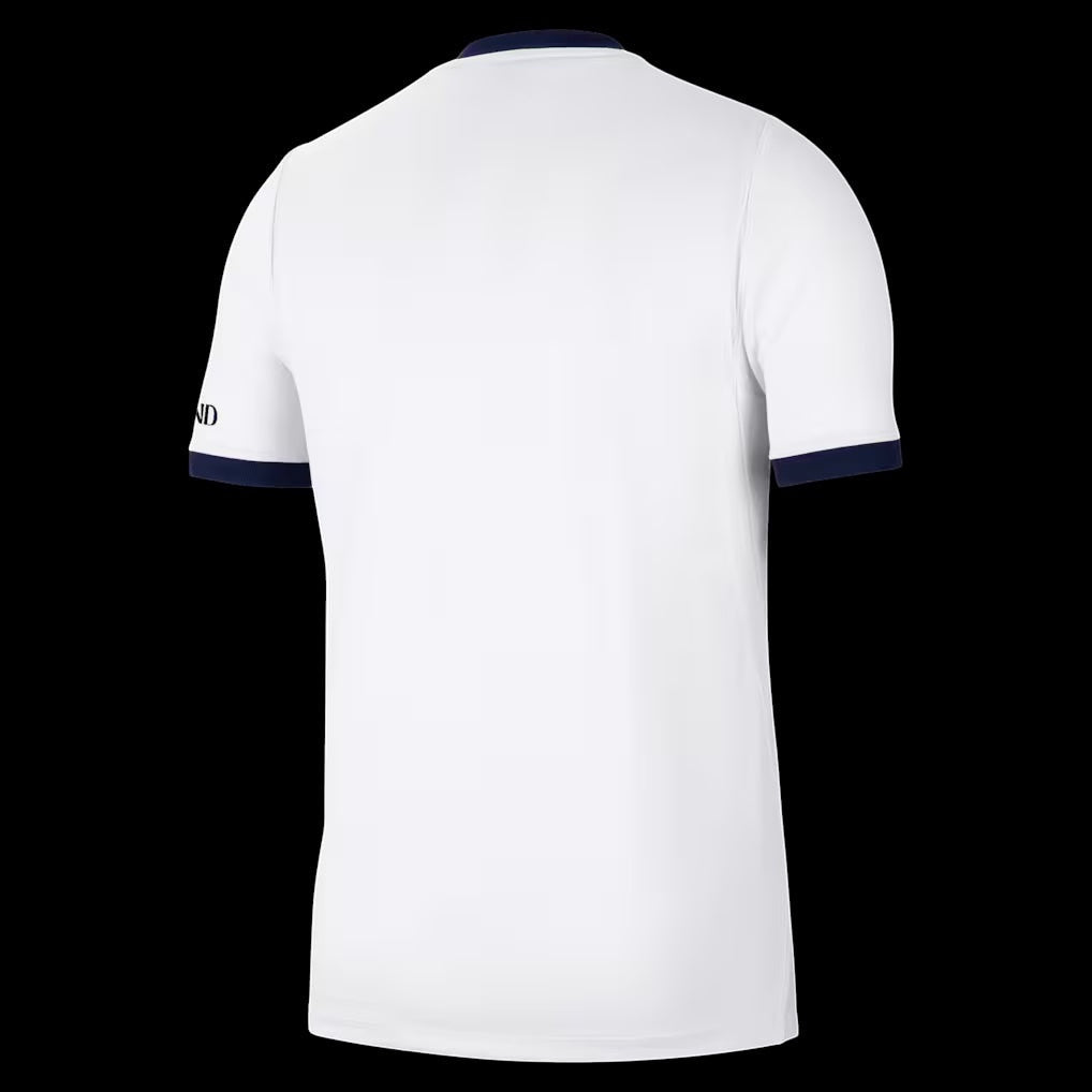 Back view of the white Kitted Up PSG 2026/2027 away football jersey with navy blue collar and sleeve trim.