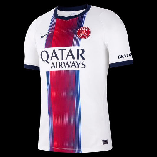 Kitted Up PSG 2026/2027 away jersey in white with a central red and blue vertical gradient stripe pattern.
