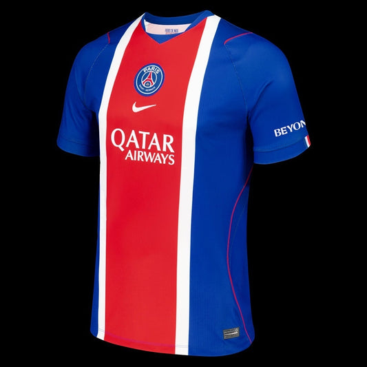 Kitted Up PSG 2026/2027 adult home football jersey in blue with a bold red and white vertical chest stripe.