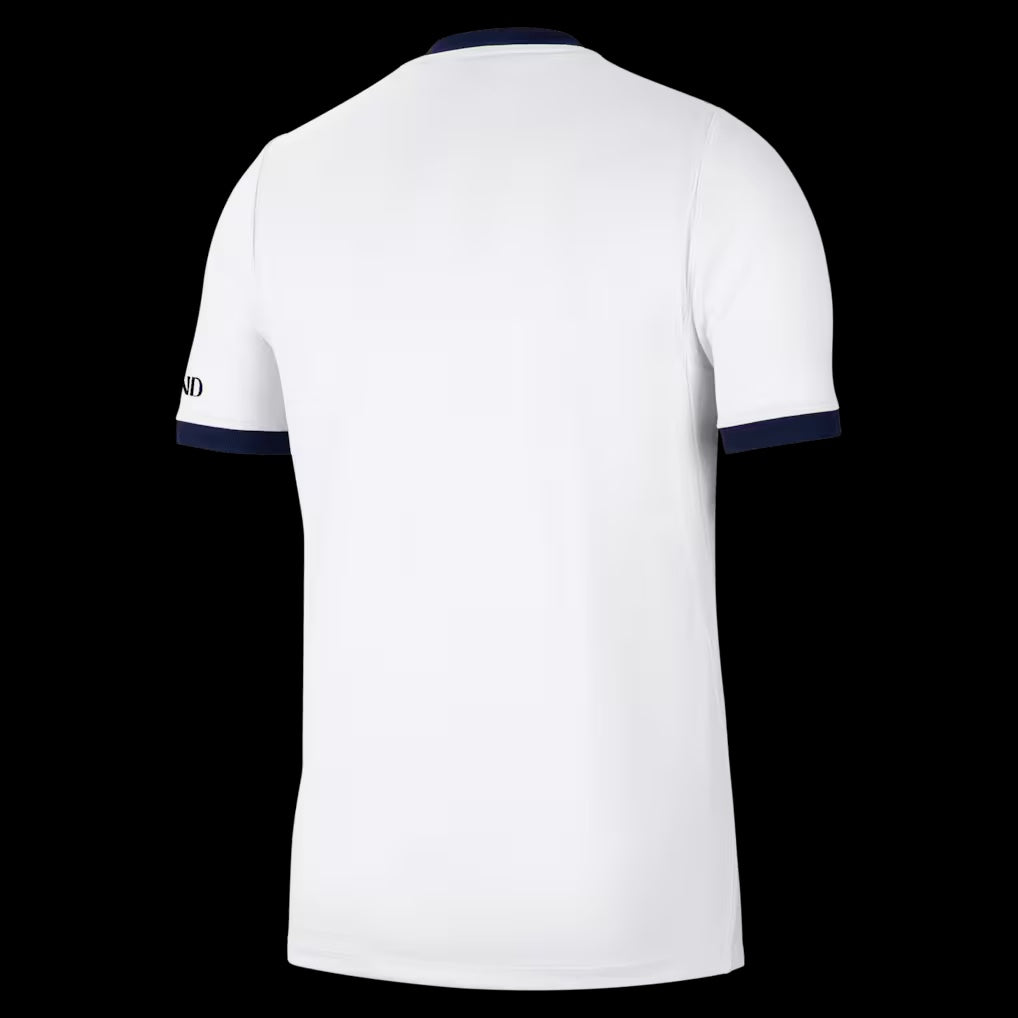 Back view of the Kitted Up PSG 2026/2027 kids away football jersey in white with navy blue collar and sleeve trim.