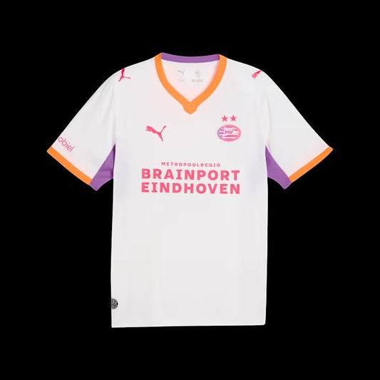 Kitted Up PSV 2026/2027 away jersey in white with orange and purple accents and pink sponsor branding.