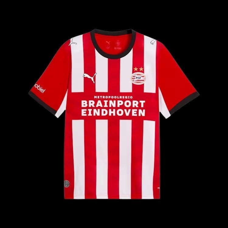 Kitted Up PSV 2026/2027 adult home football jersey featuring iconic red and white vertical stripes and team crest.
