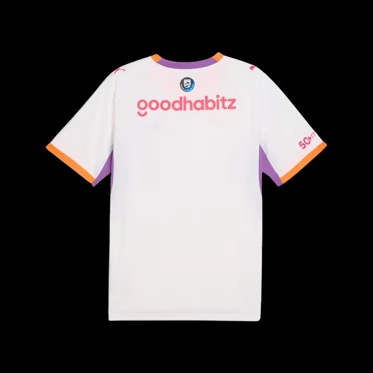 Kitted Up PSV 2026/2027 kids away jersey in white with purple and orange trim and sponsor logo on the back