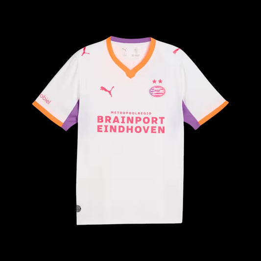 Kitted Up PSV 2026/2027 kids away jersey in white with orange and purple trim, featuring team crest and sponsor logo.