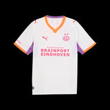 Kitted Up PSV 2026/2027 kids away jersey in white with orange and purple trim, featuring team crest and sponsor logo.
