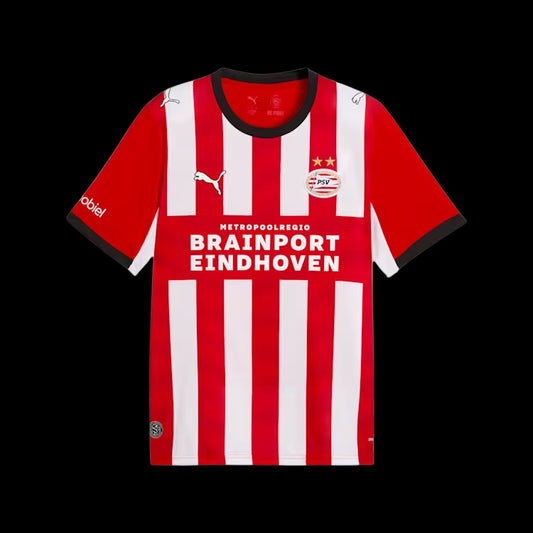 Kitted Up PSV 2026/2027 kids home football jersey in iconic red and white stripes with sponsor logos and team crest.